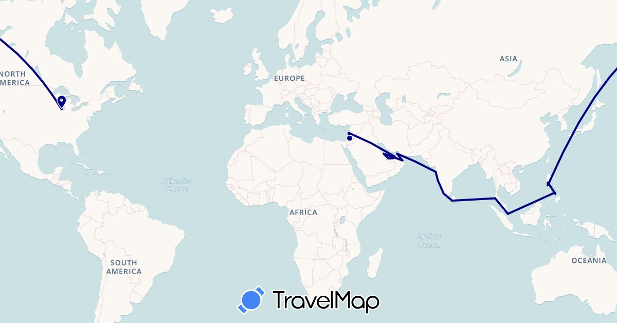 TravelMap itinerary: driving in United Arab Emirates, Bahrain, India, Jordan, South Korea, Lebanon, Sri Lanka, Oman, Philippines, Qatar, Singapore, Thailand (Asia)